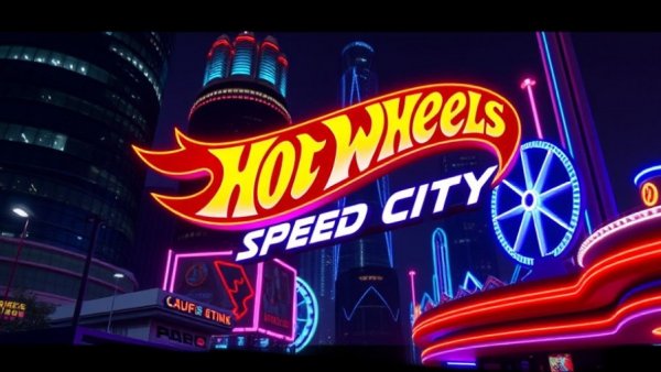 Futuristic Hot Wheels Speed City sign in neon cityscape at night.