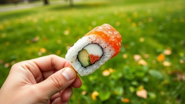 Sushi push pop held in hand, park background in Qatar