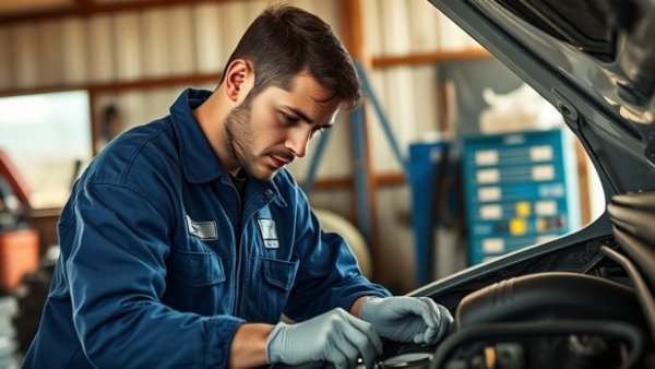 Automotive technician in blue coveralls inspecting car engine outdoors.