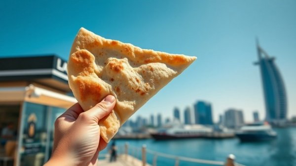 Authentic flatbread from Lebanese Bakery in Doha against scenic waterfront.