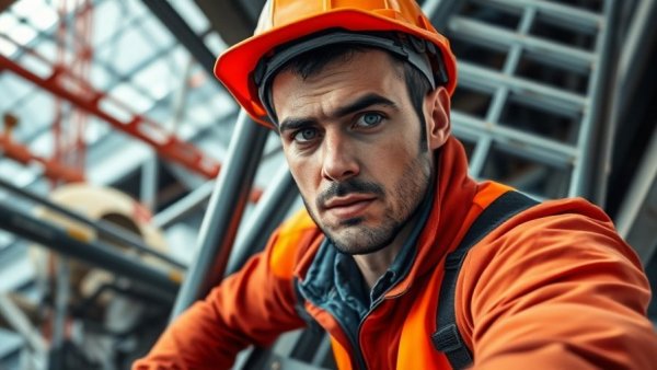 Worker using AI safety tools in construction, ascending stairs.