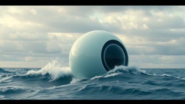 Futuristic ocean wave energy device floating in the sea.