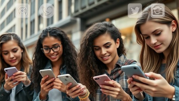 Young adults using smartphones, bridging the digital divide with social media.