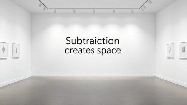 Minimalist white gallery with inspirational text 'Subtraction creates space'.