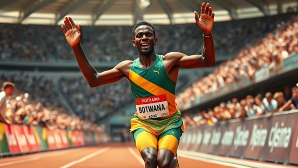 Botswana men's 4x400m relay victory with triumphant runner.
