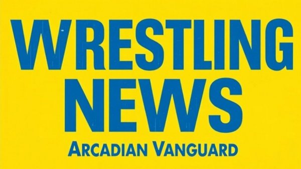 Vintage wrestling news poster with Arcadian Vanguard logo on yellow.