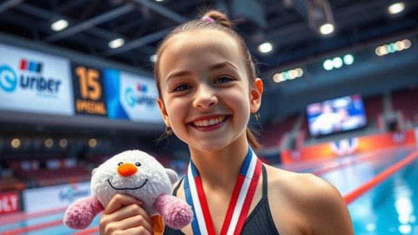 Young swimmer joyful with plush toy and medal at event.