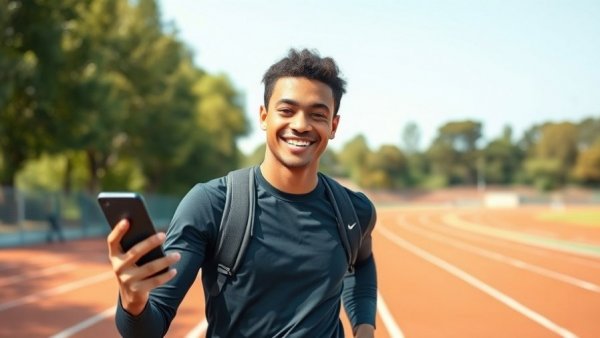 Confident athlete smiling on track, holding phone and mic, natural light.