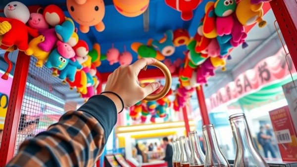 Katara Beach Market ring toss game booth with vibrant toys.