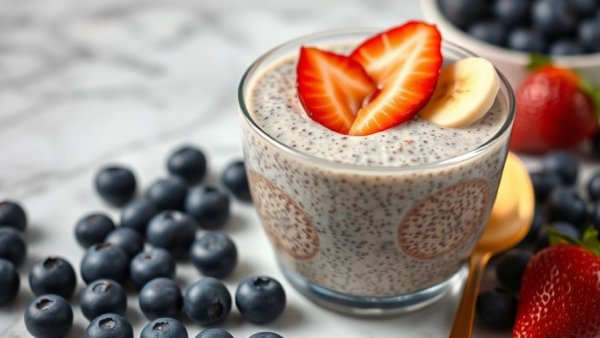 Tasty meal prep protein chia pudding cup with banana and strawberry slices.
