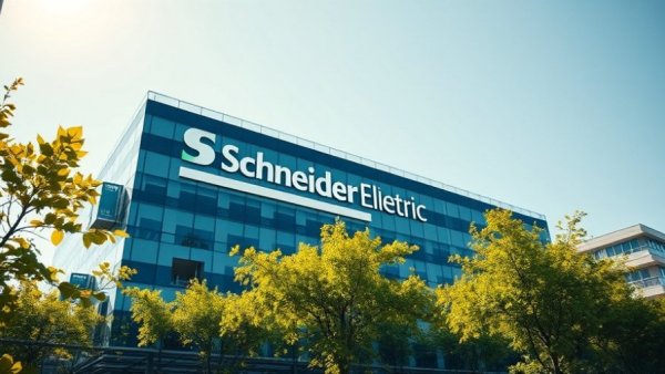 Schneider Electric building with logo surrounded by greenery, highlighting growth.