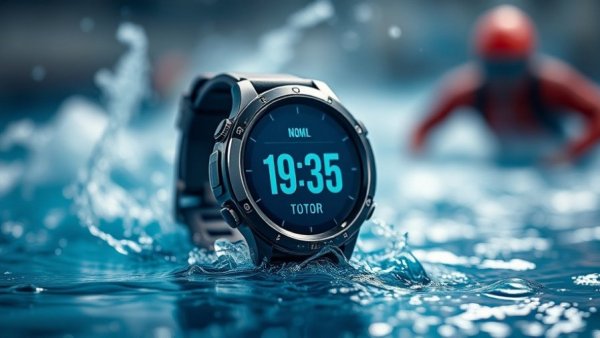 Smartwatch display with 'Bin It' prompt in swimming context.