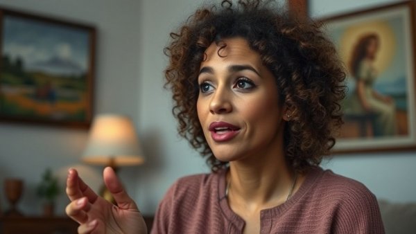 Curly-haired woman discussing affordable residency options abroad.
