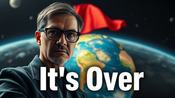 Man in front of globe with red flag and 'It's Over' text.