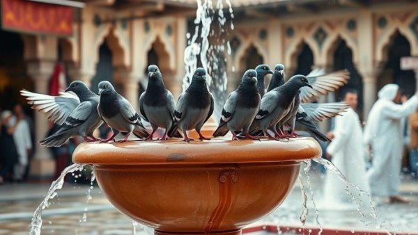 Pigeons by fountain at Souq Waqif, highlighting traditional architecture.