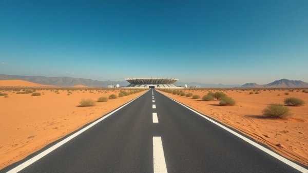 Cycling path near a stadium in Qatar with clear blue sky.