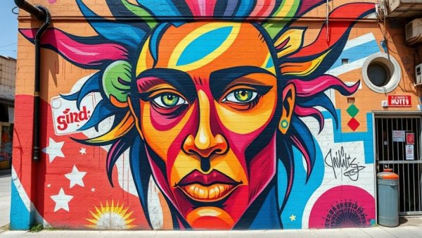 New art installations in Mina District feature a colorful mural.