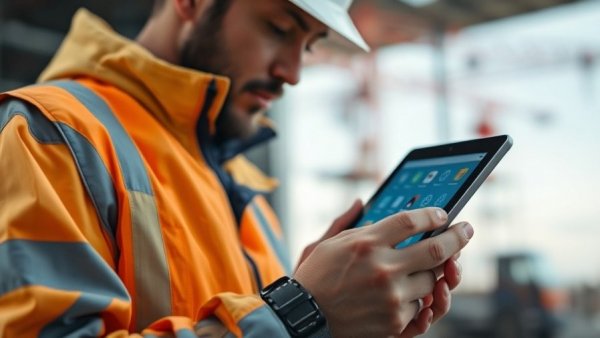AI for construction safety: Worker using a tablet at a site.