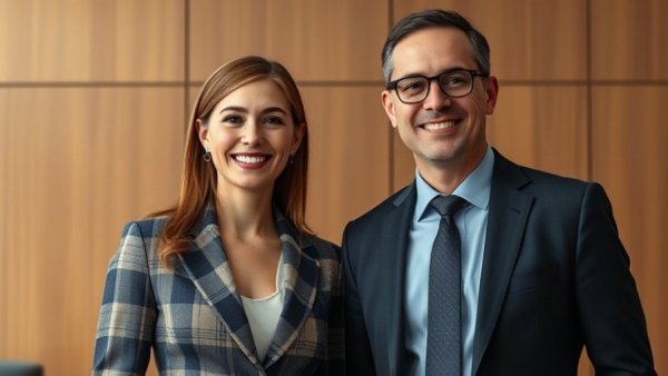 Two professionals smiling in a modern wood-paneled setting.
