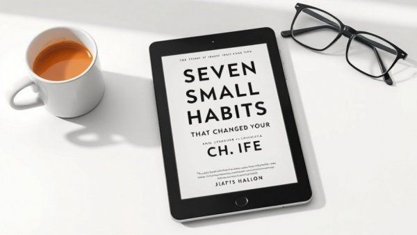 Tablet showing 'Easy Habits' book cover with coffee and glasses.