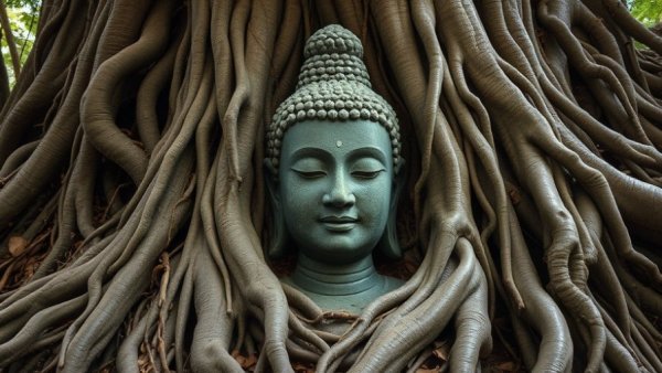 Stone Buddha head entwined in ancient roots symbolizing Buddhist perspective on happiness and suffering.