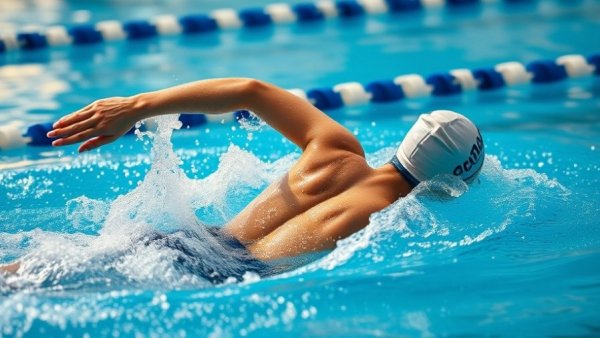 Female swimmer performing backstroke in USA competition pool.