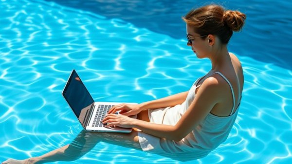Workcation strategy for remote workers by the pool.