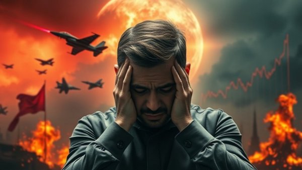 Global tension affecting mortgage rates depicted with worried man.