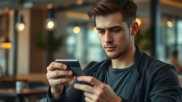 Focused young man using checking account while traveling internationally