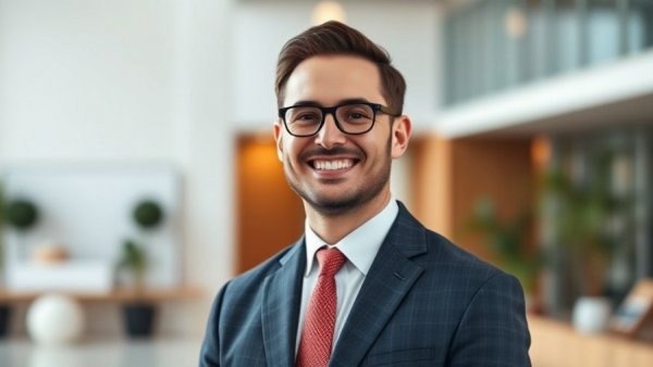 Professional in suit, smiling confidently, promoting leadership skills.