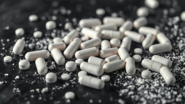 Antidepressants scattered with powder on dark surface.