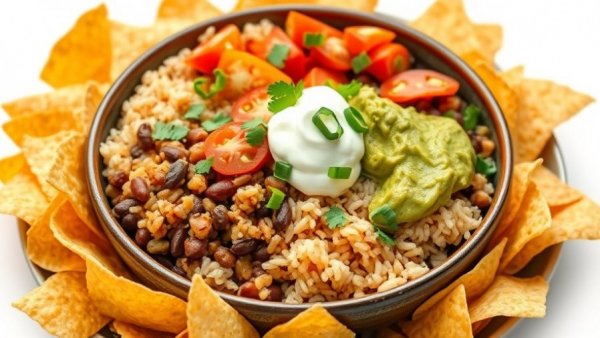 Bowl of Mexican food with rice, beans, guacamole, and chips, Greenville restaurants.