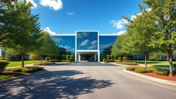 Fluor headquarters building with blue glass facade and gardens.
