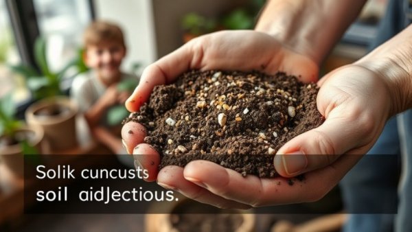 Houseplant potting mix ingredients in hands with soil additions text.