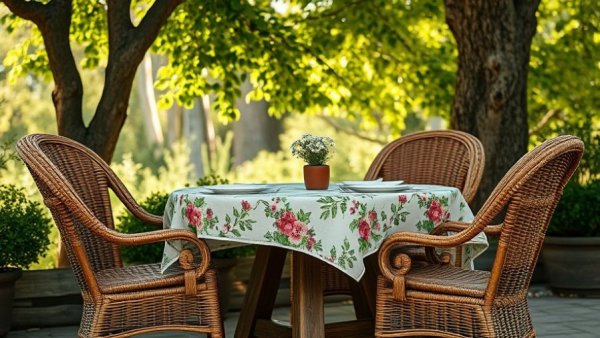 Budget-friendly outdoor summer dining area with lush decor.
