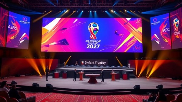 2027 AFC Asian Cup draw event with presenters on a grand stage.