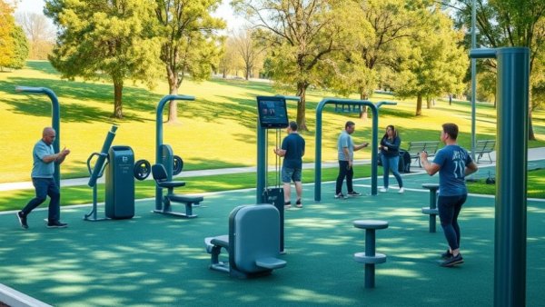 Free gym at Al Mathaf Park with outdoor exercise equipment.