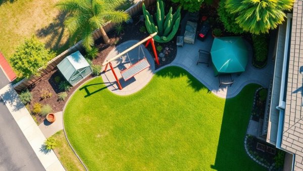 Aerial view of lush backyard with playground and patio, pre-summer tips.
