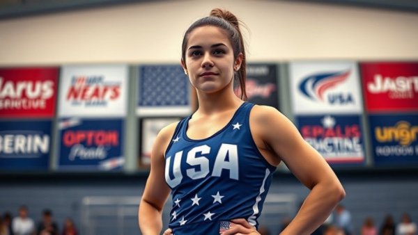 Women's Freestyle Wrestling Championships athlete at event backdrop.