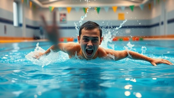 Swimmer using wider hand movement in pool technique.