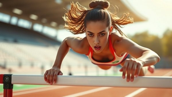 Female athlete leaping over hurdle, intense focus, losing rhythm in hurdling.