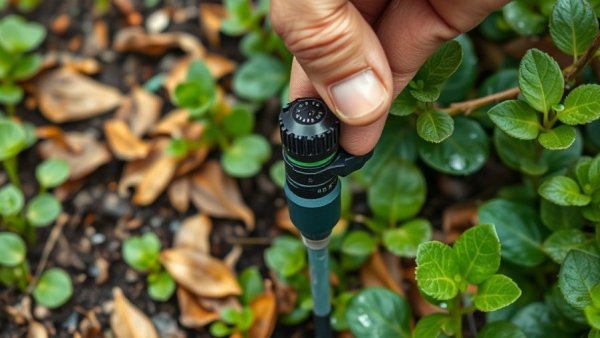 Drip irrigation installation in a green garden setting.
