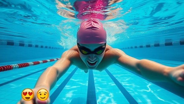 Cinematic photo of swimmer with overlay text, dynamic underwater perspective.