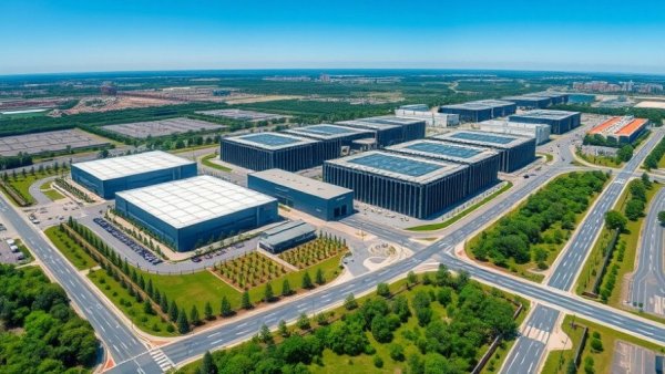 Aerial view of modern data center surrounded by green areas.