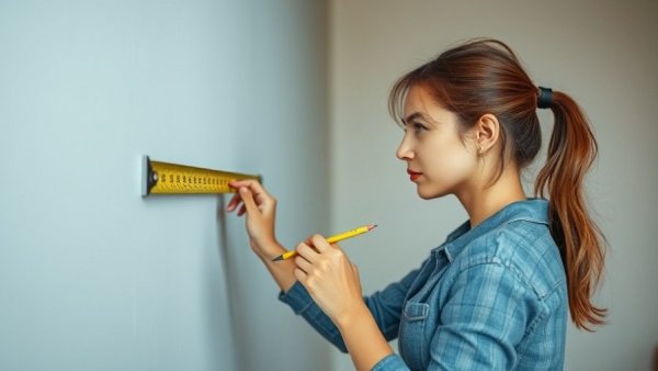 Woman measuring wall for painting stripes in a detailed focus.