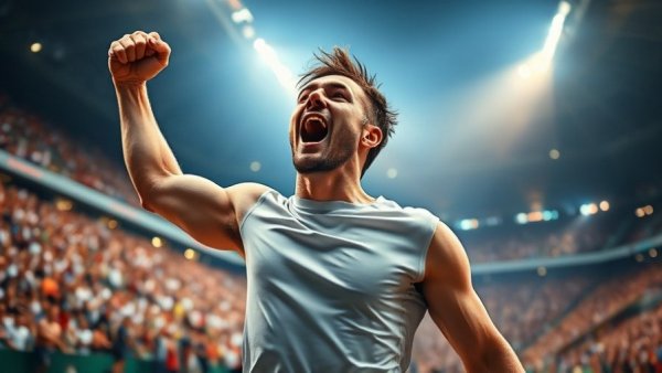 Gout Treatment for Athletes: Victorious male athlete in stadium.