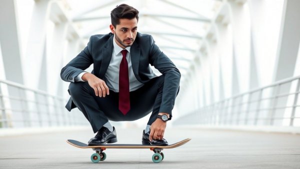 Professional skateboarder in suit on modern bridge for tax-saving strategies.