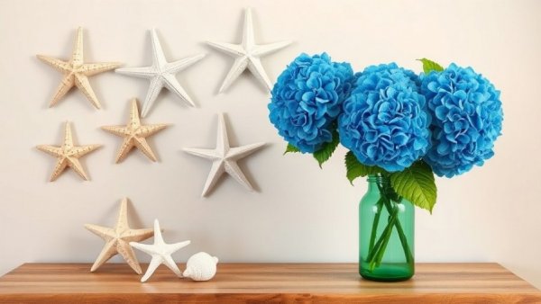 Coastal bedroom decor with starfish and hydrangeas in vases