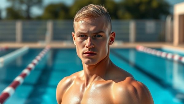 Athletic swimmer in Enhanced Games sports competition poolside.