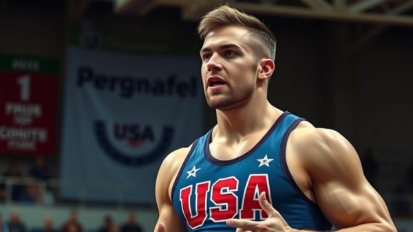 Muscular athlete in a USA wrestling singlet speaks confidently at a sports event, symbolizing the future of sports.